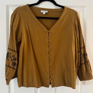 Frank & Oak Mustard Button-Front V-Neck Blouse with Embroidered Sleeves